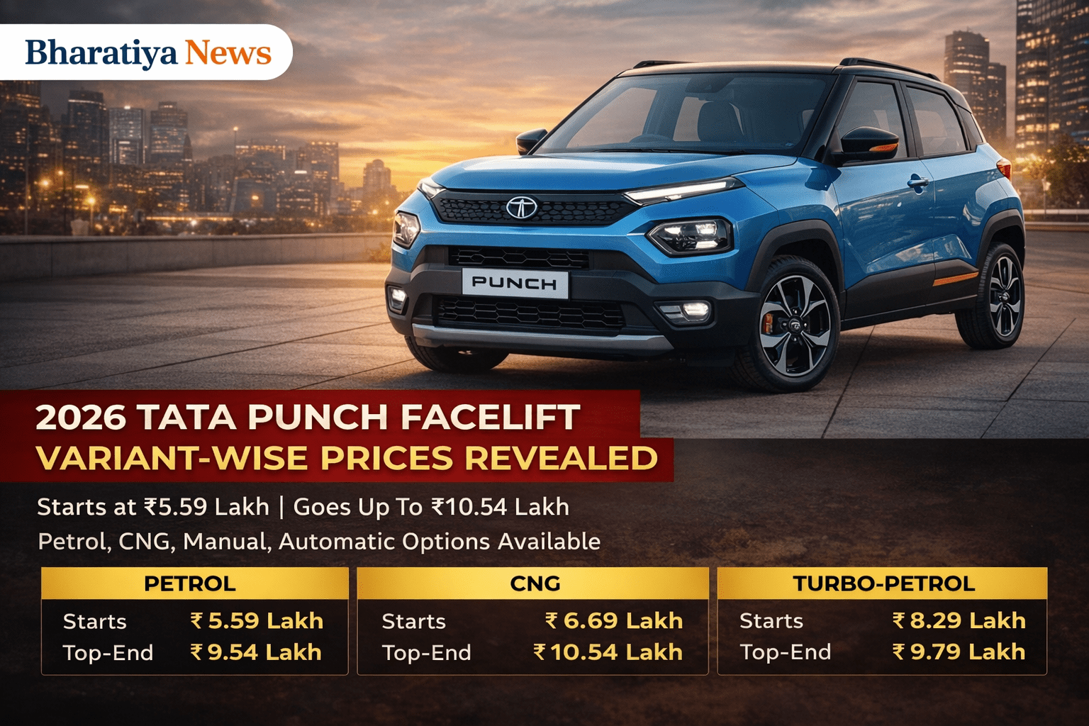 2026 Tata Punch Facelift Launched: Variant-Wise Prices Revealed for Petrol, CNG and Automatic Versions