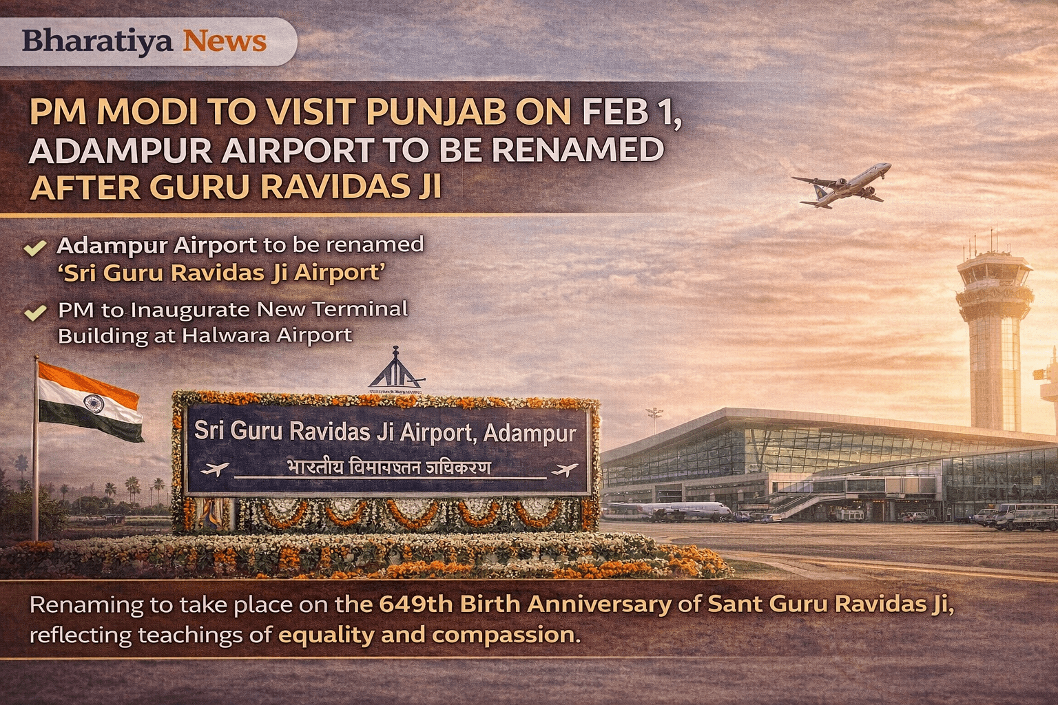 PM Modi to Visit Punjab on February 1, Adampur Airport to Be Renamed After Guru Ravidas Ji