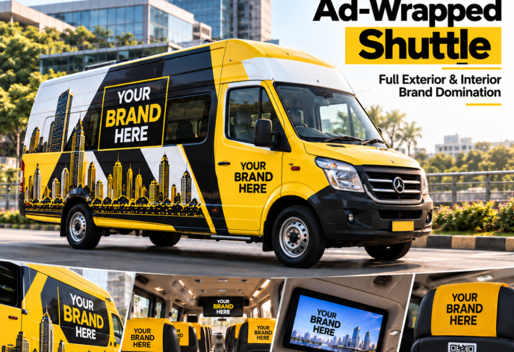Illustrative Ads On Cabs 360-degree shuttle advertising concept with exterior branding, interior placements and digital engagement