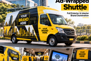 Illustrative Ads On Cabs 360-degree shuttle advertising concept with exterior branding, interior placements and digital engagement