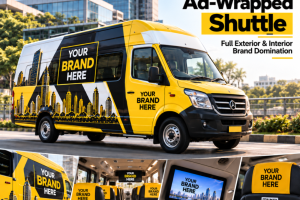 Illustrative Ads On Cabs 360-degree shuttle advertising concept with exterior branding, interior placements and digital engagement