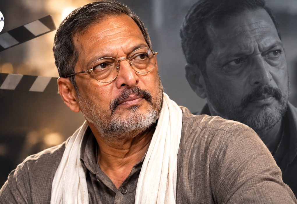 AI-generated editorial illustration of Nana Patekar with Bharatiya News branding.